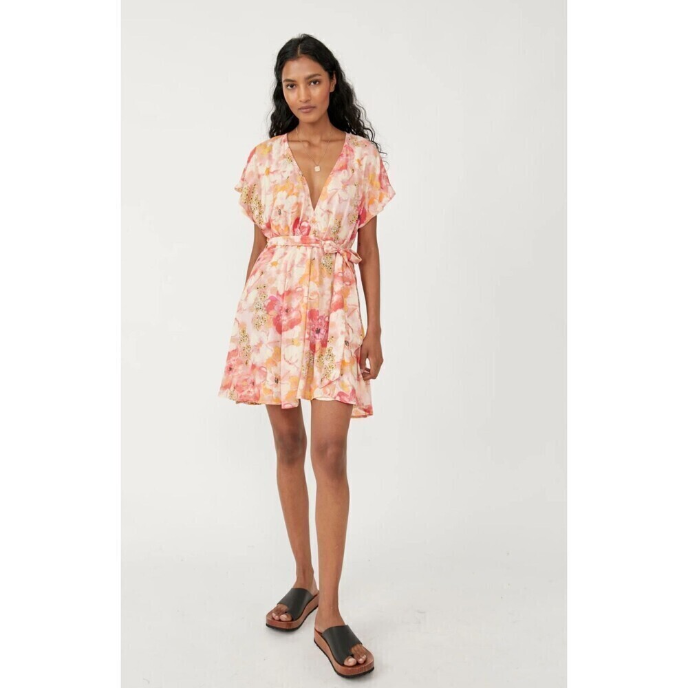 Free People Freddy‎ Tie Women's Medium Mini Dress in Fruit Punch V Neck Pleated